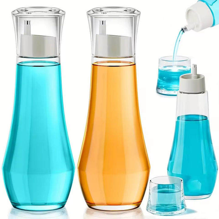 Glass Mouthwash Dispenser For Bathroom 5.1/8.8OZ Mouth Wash Container Bottle With Lid Cup Small Clear Refillable Mouthwash Dispenser Decanter For Countertop Eshylala