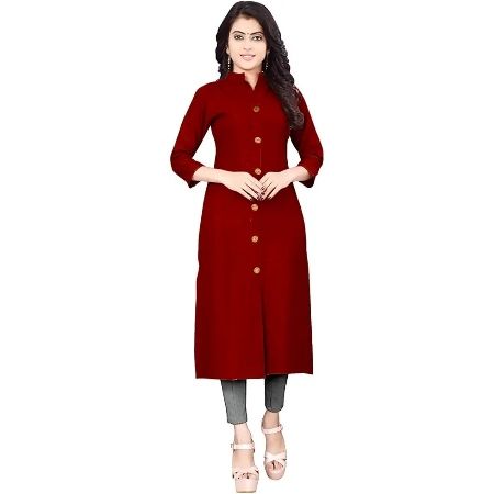 Women Plain casual wear in college, office, function or birthday Cotton Blend Straight Front Slit 6 button Kurti