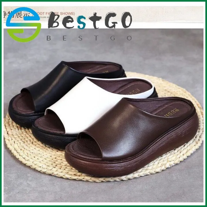 【BestGO】2021 Summer New Wedge Heel Leather Slippers Muffin Thick-soled Retro Sandals and Slippers Women