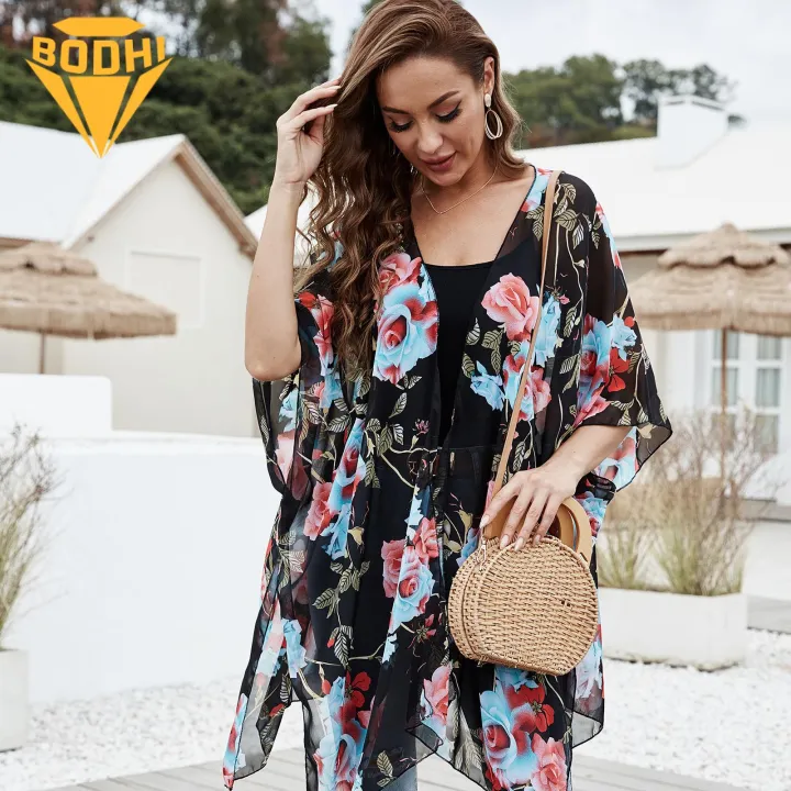 Summer Beach Smock Boho Floral Print Beach Cover-up with Tassels Lightweight Sun Protection for Bikini Swimsuit Perfect for Beach Holidays Flower Print Beach Smock