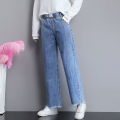 Junior High School Student Wide Leg Jeans for Women Spring and Autumn2023New Girl Loose Waist Trimming Older Children Straight-Leg Pants. 