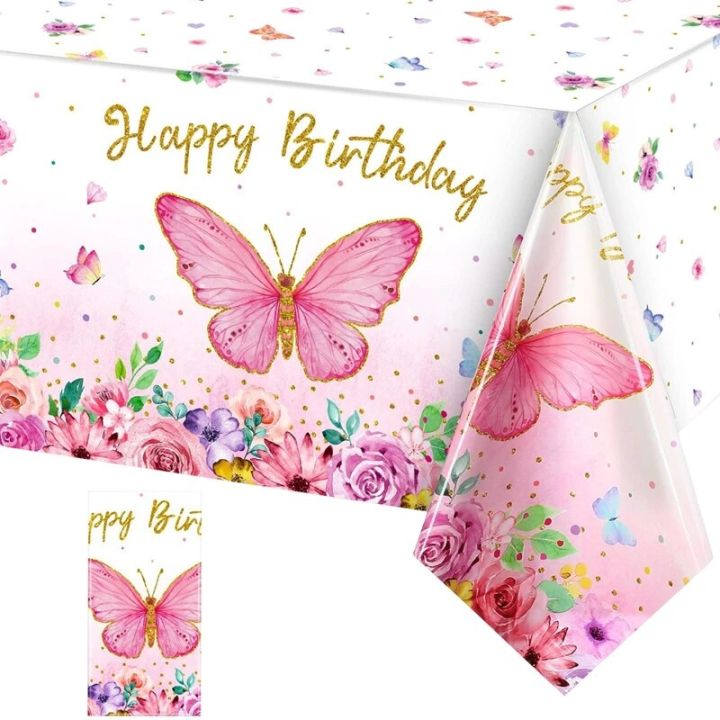 birthday decoration Pink Purple Butterfly Waterproof Tablecloth Spring Butterfly Theme Birthday Party Decoration Girl 1st Birthday Party Baby ShowerBalloons