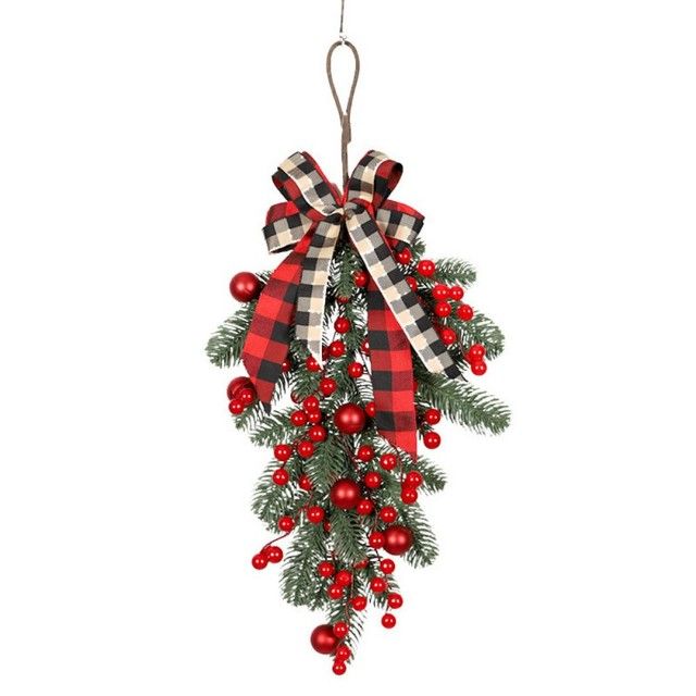 【Folio & Light】Red Berries Pine Branch Wreath Artificial Berries Snowy Pine Front Door Wreaths Wall Garland For Ornaments