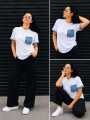 Denim Patchwork Pocket Denim Fabric Short Sleeve Round Neck Casual Top for Summer Spring Women's Clothing. 
