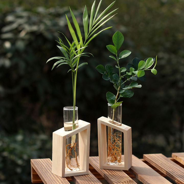 Plant Terrarium With Wooden Stand Rack Glass Test Tube Vase Holder Test Tube Vintage Wood Frame Hydroponic Plants Glass Pot Glass Vase