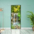 Natural Style Door Green Deep Forest Waterfall Scene Poster Vinyl PVC Waterproof Scratch Resistant Self-adhesive Door Sticker. 