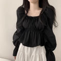 2025 Fashion New Ruffle White Long sleeved Women's Blouses Square Neck Sexy Short Shirt Korean Style Flare Sleeve Sweet Tops. 
