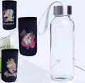 Transparent Glass Unicorn Water Bottle With Blue Sleeve Cover 300 ml. 