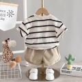 Boys Striped Casual Outfit Round Neck T-shirt & Shorts Kids Summer Clothes Sets. 