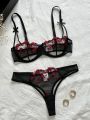 Floral Embroidery Lingerie Set, Mesh Unlined Bra & Mesh Panty, Women's Lingerie & Underwear. 