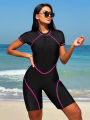 Women's new swimming Korean peach color full body swimsuit style black short-sleeved one-piece swimsuit shorts women's sports surfing suit. 