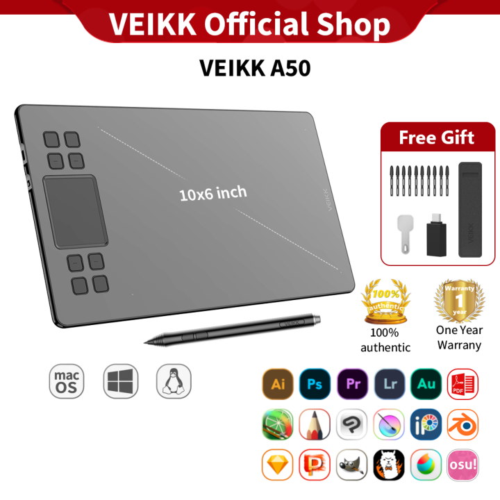 VEIKK A50 Graphic Drawing Tablet for Digital Art 290 PPS Full Panel Design 10 x 6 inch Drawing Pad Large Working area with 8192 Levels Pressure Sensitivity Battery-Free Passive Pen 8 Hotkeys&Touch Pad