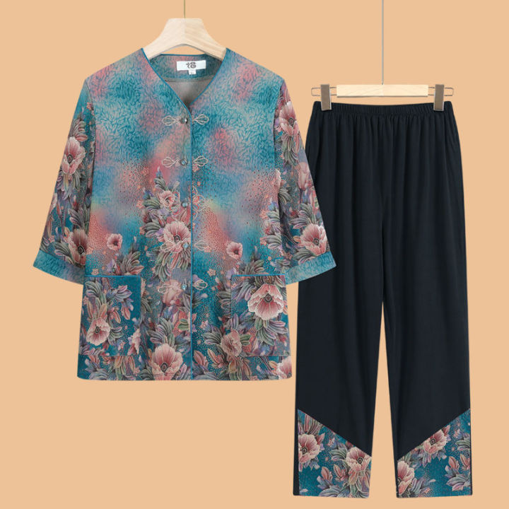 Old Women's Summer Grandma's Clothes Shirt 60 Years Old 70 Old Clothes Old Lady Shirt Middle-Aged Mom Suit