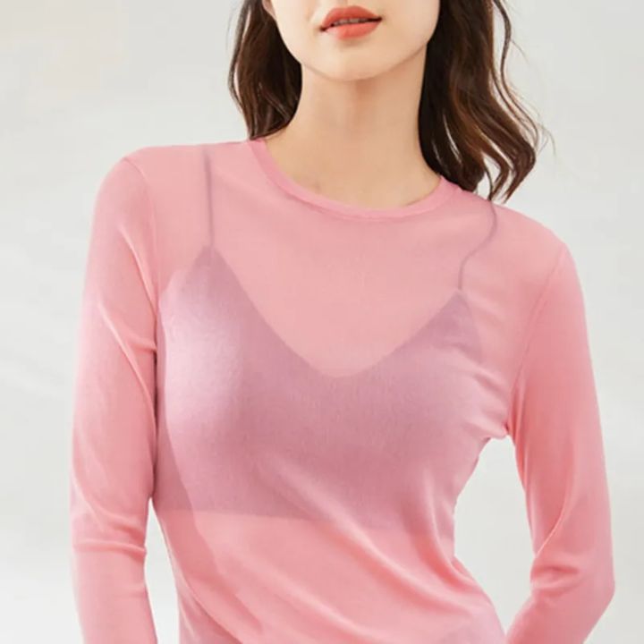 Mesh%20Undershirt%20Women's%20Inner%20Layer%20With%20Sun%20Protection%20Clothing%20Thin%20Transparent%20Top%20Spring%20Autumn%20Ice%20Silk%20Lace%20Gauze%20T-Shirt%20-%20Image%206