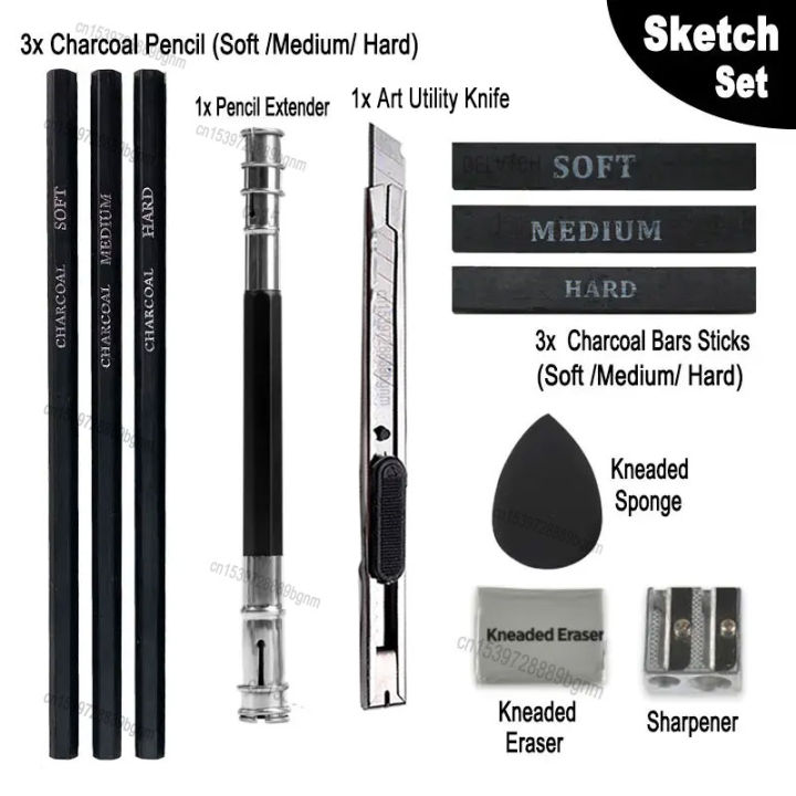 【Exclusive Offer 】11Pcs Art Set Sketch Charcoal Graphite Pencil Soft Medium Hard Bar Stick Sharpener Kneaded Eraser Sponge Blender Drawing Tool