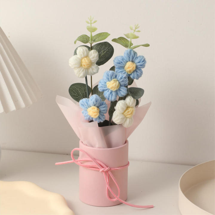 Woolen Hand-knitted flowers Elegant Colorful Valentine's Day bouquets 5Pcs buckets Wool flowers for Home decoration Wedding
