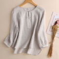 bellylady Cotton Linen Blouse for Women Loose Fit Solid Color Tops Round Neck Pullover Long Sleeves Shirt. 
