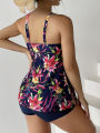 2023 Floral Printed Tankini Set Two Piece Swimsuit Short Women Drawstring Swimwear Female Bathing Suit Beachwear Swimming Summer. 
