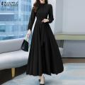 ZANZEA Women Long Sleeve Party Evening Prom Dress A-Line Plain Tunic Maxi Dresses. 