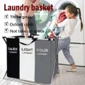 Laundry Basket 3 Section,Foldable Dirty Laundry Hamper, Laundry Room Organization,Clothes Baskets With Side Pocket,Laundry Sorter（Black and white gray）. 