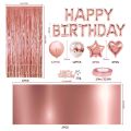 Rose Gold Party Decor with Happy Birthday Banner, Heart Star Confetti. 