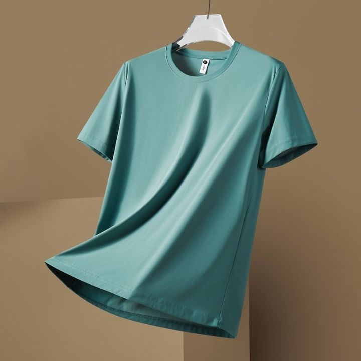 Ice%20silk%20short%20sleeve%20T%20T-shirt%20Men's%20Summer%20Thin%20Smooth%20Beaded%20Breathable%20Trendy%20T-shirt%20Solid%20Color%20Simple%20Ice%20Clothes%20-%20Image%203