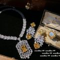 Canary Tourmaline Color Shield Gem Necklace Rich Woman's Happy Plated 18K Golden Pomegranate Flower Zircon Earrings. 