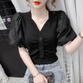 【Free Returns】 Blouse Women Solid V-neck Chiffon Puff Sleeve Ladies Knitted Shirts Summer New Thin Korean Style Plus Size Female Tops. 