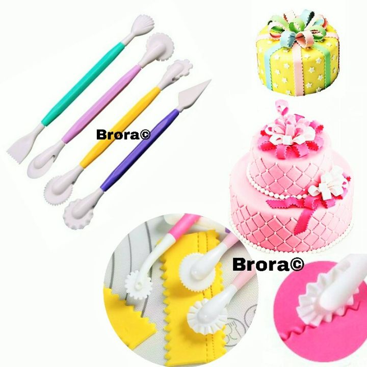 Fondant Cake Pastry Carving Tool Decorating Modelling Tools Cutter, Embosser 4 Pcs Set With 8 Different Design In Total