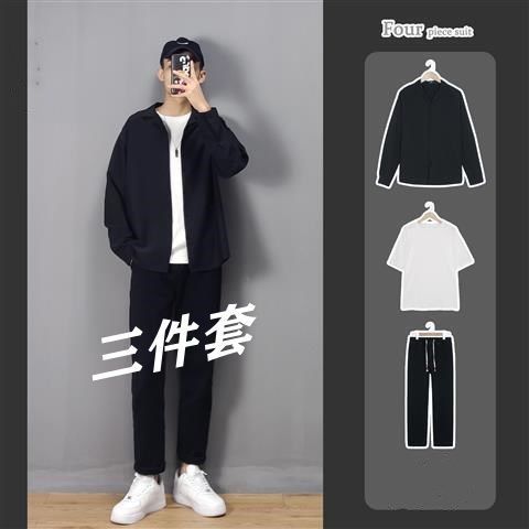 Spring and Summer Korean Set Boys Trend Suit Collar Shirt Thin Casual Simple Easy Matching Coat Handsome Hong Kong Style