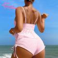 Muses Mall Sling Ruffle Hem Bra Swimming Trunks Set Shell Shape Bikini Set with Ruffle Hem High Waist Drawstring Quick Drying Swimsuit for Women 2pcs/set. 