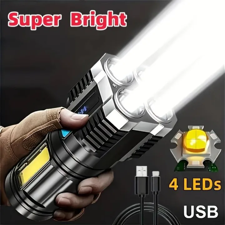 Powerful 4 LED Flashlight With COB Side Light, 4 Modes USB Rechargeable Flash Light, Waterproof, ABS Torch,, Camping Tool