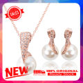 Wedding Jewelry Set Bride Rose Gold Crystal Faux Pearl Pendant Necklace Earrings. 