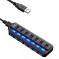 【EleganceWorld】USB 3.0 Splitter,7 Port USB Data Hub with Power Adapter and One Charging Port,Individual On/Off Switches and Lights 20CB. 