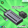 USB 3.0 7-Port Hub 12V 2A (DC:5.5) – High-Speed Data Transfer Up to 5Gbps, Powered USB Hub with Individual On/Off Switches, Plug & Play, Wide Compatibility for PC, Laptop, MacBook, Printer, External HDD & More". 