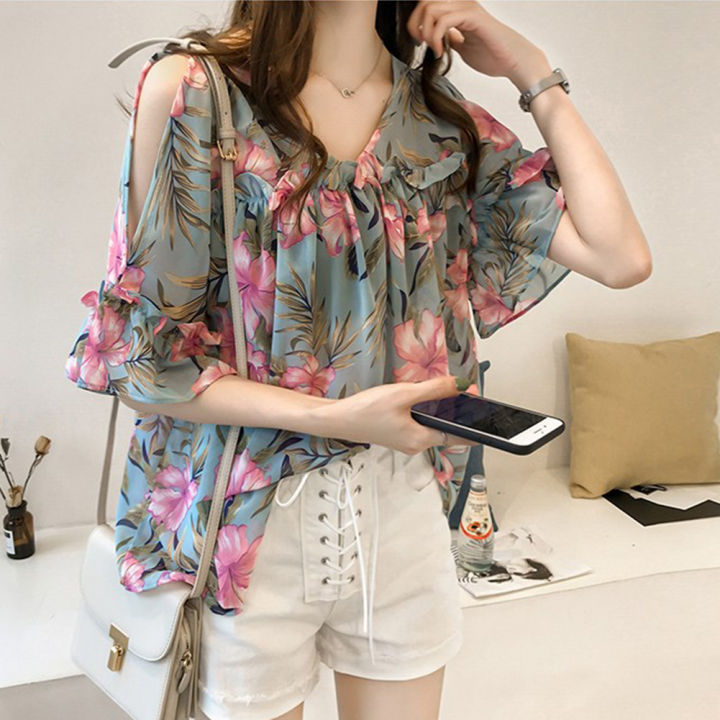 Women Printed Off Shoulder V-Neck ffon Loose Blouse Vintage Sweet Pagoda Sleeve ops