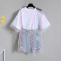 Single Piece / Suit Two-Piece Summer 2024 New Fashion All-Matching Mesh Short Sleeve T Shirt Top + Women's Denim Shorts. 