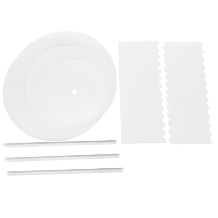 Acrylic Round Cake Disk Set - Cake Discs Circle Base Boards with Center Hole - 2 Comb Scrapers (4 Patterns) & Dowel Rod