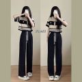 Fashion Suit Women's Summer New Korean Style Loose Salt Wear StripedPoloCollar Top Wide Leg Pants Two-Piece Set. 