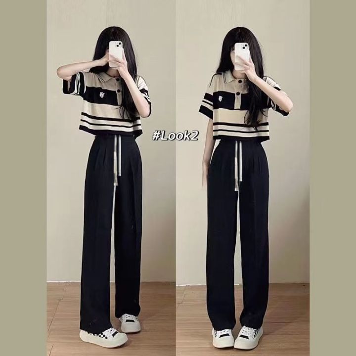 Fashion%20Suit%20Women's%20Summer%20New%20Korean%20Style%20Loose%20Salt%20Wear%20StripedPoloCollar%20Top%20Wide%20Leg%20Pants%20Two-Piece%20Set%20-%20Image%205