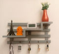 Wooden Wall-Mounted 3-Tier Stair Shelf with Key Hooks and Floating Shelf Rustic Home Decor. 