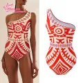 Muses Mall Women One-shoulder Swimsuit Ethnic Print One Shoulder Monokini Pants Set for Women 2 Pcs/set Swimwear Sun Protection Swimsuit. 