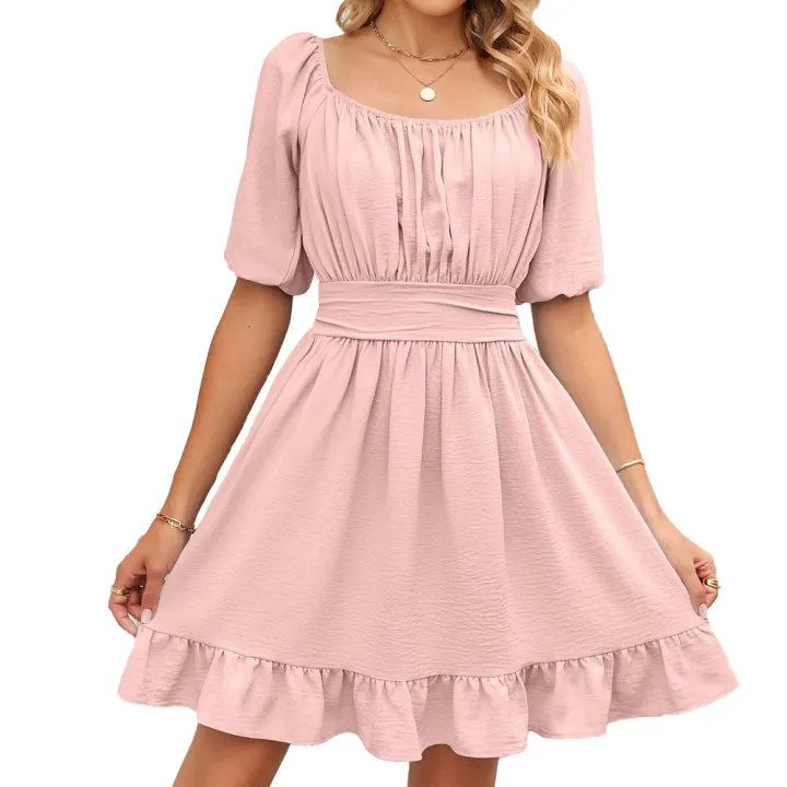 Yfashion%20100%25%20Polyester%20Summer%20New%20Solid%20Color%20Square%20Neck%20Short%20Sleeve%20Loose%20Open%20Back%20Tie%20Dress%20-%20Image%202