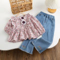 Girls' spring autumn suits 2023 new children's baby floral shirt Tops+ jeans Denim Pants two-piece clothing sets. 