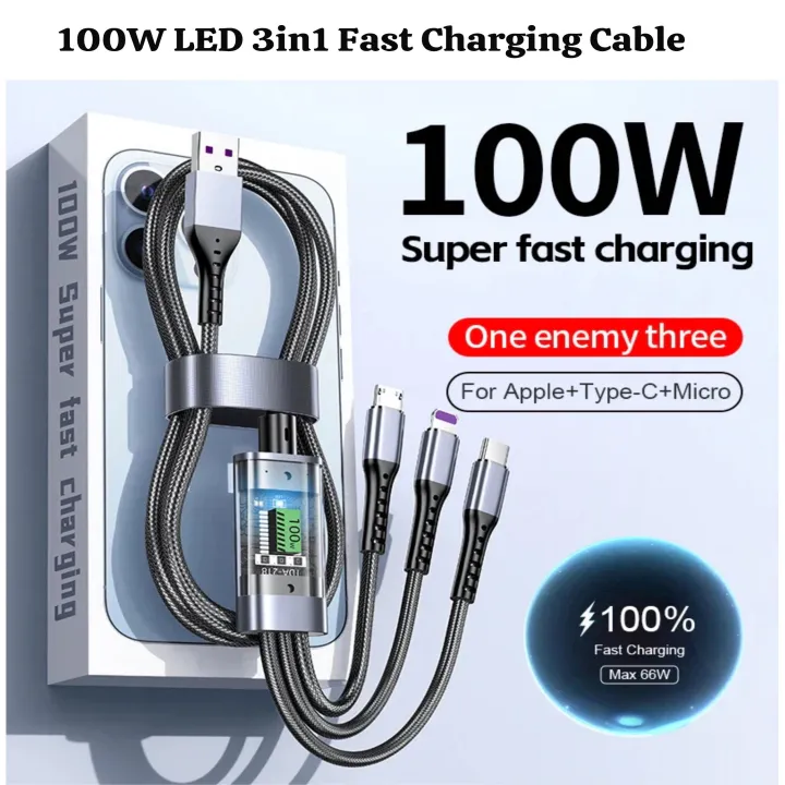 100W 3 In 1 Fast Charging Cable Nylon Universal Multi Charger Cable USB cable Type C Usb Micro For Iphone Samsung Huawei Xiaomi Multi Port Multiple Charging