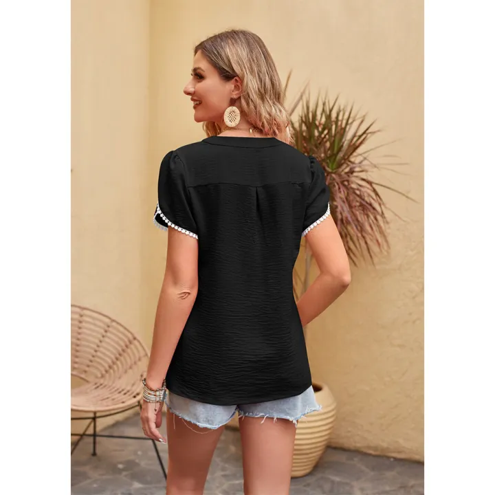 Yfashion%20Women%20V%20Neck%20Chiffon%20Shirt%20Lace%20Petal%20Short%20Sleeve%20Blouses%20Solid%20Color%20Summer%20Casual%20Shirt%20Pullover%20Tops%20-%20Image%203