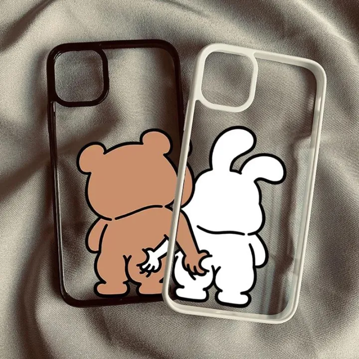 Cute Rabbit Bear Couple Phone Case For iPhone 15 14 Pro 13 12 Mini 11 XR XS Max 16 7 8Plus Lovers Paired Clear Hard Cover Fundas