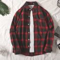 Yfashion Men Cotton Plaid Printing Shirt Fashionable Simple Large Size Casual Loose T-shirt Long Sleeves Cardigan Tops. 