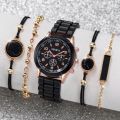 Black chassis silicone strap analog watch + A variety of exquisite black jewelry sets. 