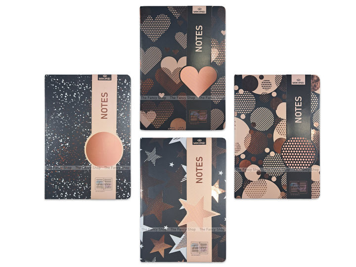 Mikirei A5 Hardcover Fashion Notebook Autograph Diary for Girls Abstract Shapes Heart Star Circle Rose Gold Foil Black Pattern Design